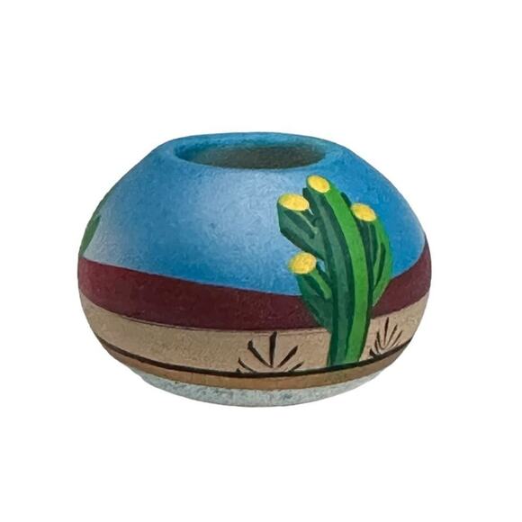 TESA Hand Painted Mini Pottery Vase Desert Scene Cactus Sun Southwest Mexico - Picture 4 of 11